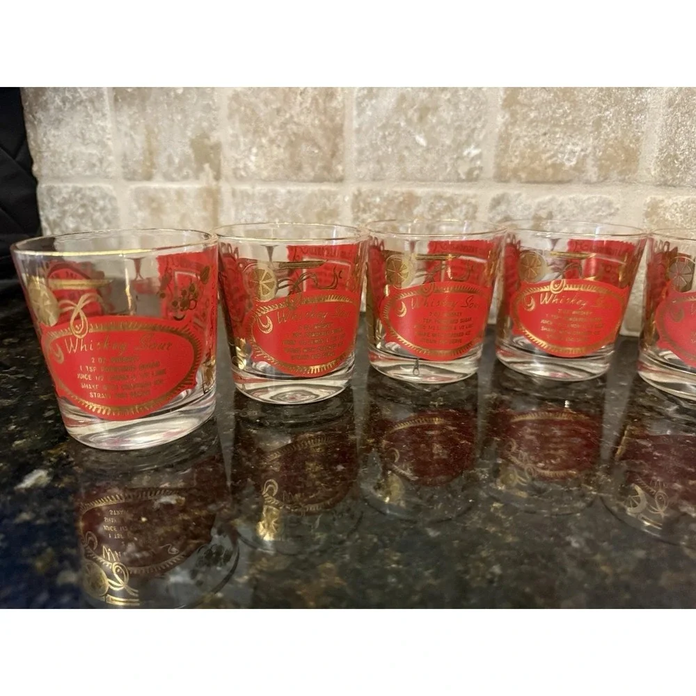 8 VTG Mid Century Modern Red Gold Whiskey Sour Old‎ Fashioned Bourbon Glasses